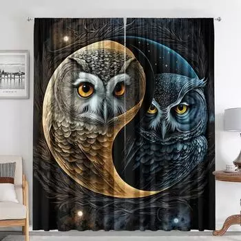2PC Fantasy Dragon Tiger Lion Owl Five Elements Bagua Style Rod Bag Curtain, Kitchen, Cafe, Living Room, Garden 75x166&Without mount