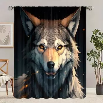 2PC - Fierce Wolf Print curtains - Polyester material - suitable for bedrooms, living rooms, study rooms, private Spaces 30X65inch