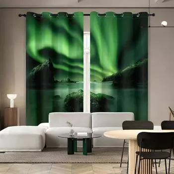 2PC high blackout perforated polyester curtain, double-sided matte, left and right double opening, green aurora, lake scenery 150x166cm&Grommet Top