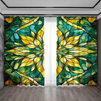 2PC Home Decoration Curtains, Geometric Leaf Flower With Rod Pocket Curtains, Kitchen, Coffee Shop, Living Room, Balcony, Garden 75x166cm&Without mount