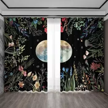 2PC Home Decoration Curtains With Black Background Flowers And Rod Pocket Curtains, Kitchen, Coffee Shop, Living Room, Balcony 75x166cm&Without mount