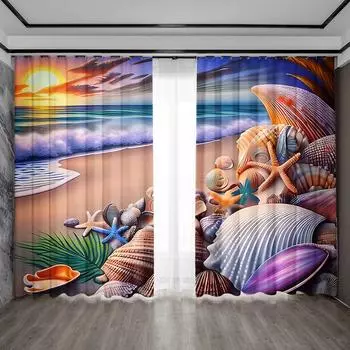 2PC Home Decoration Curtains With Colorful Seashells And Rod Pockets, Kitchen, Coffee Shop,Living Room, Balcony, Garden 75x166cm&Without mount