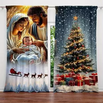 2pc New Nativity Christmas Printed Curtains - Set of 2 Panels for Girl s Home Decor in Living Room, Bedroom 52.5cmX116cm X 2pcs