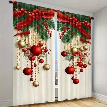 2pc Set Golden Bell Christmas Polyester Doorway Curtains Festive Digital Print, Machine Washable, Holiday Decor for Bedroom 50W160H(CM)x2Panel&Hook