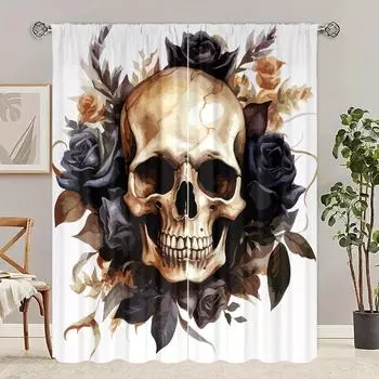 2PC- Штора с принтом черепа - Материал полиэстер - подходит для спален, гостиных, кабинетов, частных помещений 42X63inch