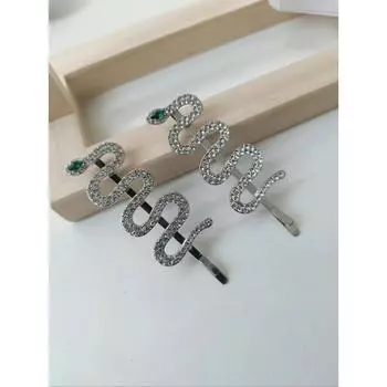 2pc silver snake hair clips with metal rhinestones, stylish for daily use.