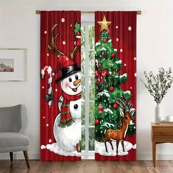 2pc Snowman and Reindeer Print Christmas Curtain for Living Room Rod Pocket Polyester Material Window Drapes 2x50W130H(CM)40x51in&Hook