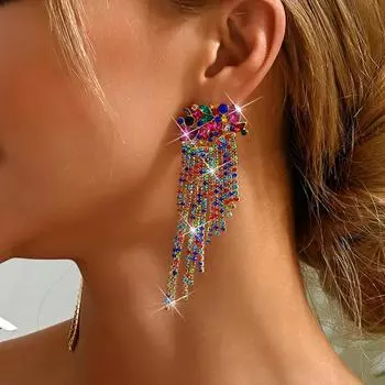 2PC Женская мода медная инкрустированная бриллиантовая цепочка с когтями, преувеличенные серьги-кисточки, ювелирные изделия, подходящие для свидания, вечеринки, праздничного подарка