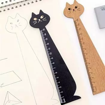 2Pcs 15cm Scale Ruler Creative Cartoon Ruler Cat Wooden Ruler Student Stationery Straight Ruler Office School Supplies Black-2Pcs