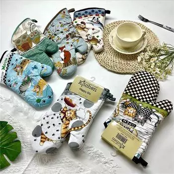 2Pcs 18x33cm Cotton Colorful Printed Thicken Kitchen Bakeware Baking Oven Mitts Microwave Insulation Gloves Pad