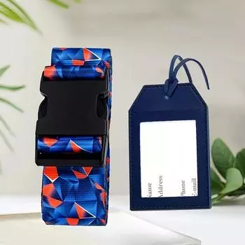 2pcs (1шт. Багажный ремень+1шт. Багажная бирка) Регулируемый трос для защиты багажа, дорожный ремень для тележки, пряжка, ремень для багажа, плоский ремень, бирка для багажа из ПУ 2pcs