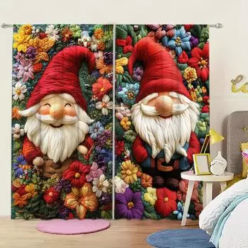 2pcs 3D Christmas Compilation Dwarf Printed Curtain for Christmas Home Decor - Rod Pocket Window Treatment for Bedroom, Office 52.5cmX116cm X 2pcs