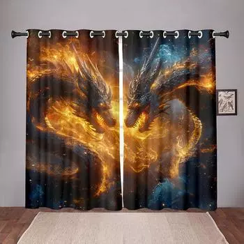 2Pcs 3D Magic Fire Dragon Duel Curtains Starry Sky Digital Print Boys Bedroom Living Room Game Room Decor Curtains 50W130H(CM)X2PCS&Grommet Top