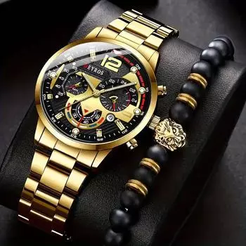 2pcs/3pcs/set, 1pc Fashion Men s Business Stainless Steel Strap Quartz Watch & 1pc Bracelet/2pcs Bracelets Set, Ideal Choice for Gifts