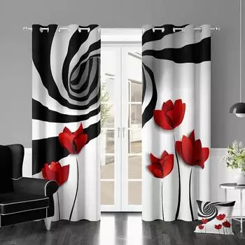 2pcs Abstract Art Curtains Red Flower Rod Pocket Window Treatment For Bedroom Office Kitchen Living Room Study Home Decor Girl W50 X H130(CM)X2&Hook