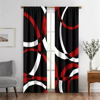 2PCS Abstract geometric stripes rectangles red black Modern Light Filtering Curtains for Living Room Bedroom Window Drape Decor 50W130H(CM) 2PCS&Rod Pocket