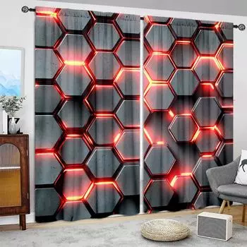 2pcs Abstract Red Hexagonal Texture Printed Curtain for Home Decor - Rod Pocket Window Treatment for Bedroom, Office, Kitchen 52.5cmX116cm X 2pcs