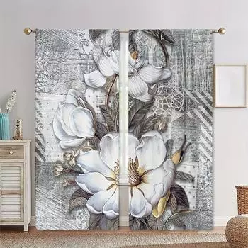2pcs Aesthetic Silver Flower Printed Polyester Curtain for Bedroom Office Kitchen Living Room Study Window Treatment Home Decor W50 X H130(CM)X2&Hook