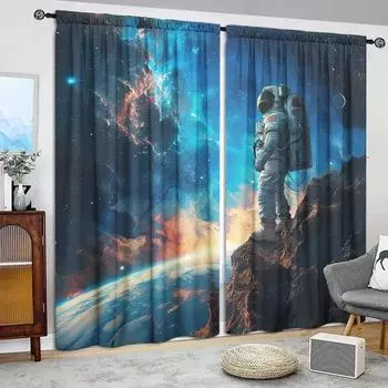 2pcs Astronaut Printed Curtain for Home Decor - Rod Pocket Window Treatment for Bedroom, Office, Kitchen, Living Room, and Study 52.5cmX116cmX2pcs