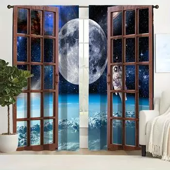 2pcs Astronaut Space Star Landscape Printed Curtain Panels Semi-Blackout Drapes Set Rod Pocket Window Treatments For Bedroom (W50cmxH130cm)x2&Rod Pocket