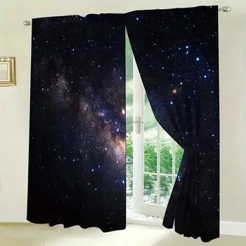 2pcs Beautiful Starry Sky Printed Polyester Curtains, Study Room Kitchen Living Room Dorm Room Rod Pocket Window Drapes Bedroom 2x50W160H(CM)40x63in&Hook