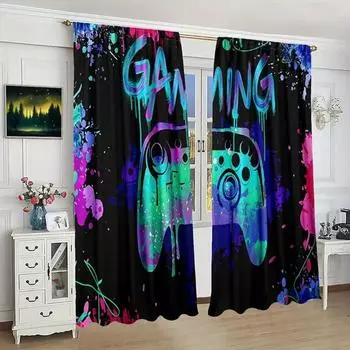 2pcs Bedroom Games Curtains Video Game Controller Gamer Room Decor Video Gamepad Window Treatment Drapes For Living Room Bedroom 2x50W130H(CM)40x51in&Hook