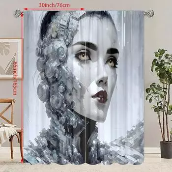 2pcs- Black and white beauty head printed curtain - Polyester material - suitable for bedroom, living room, study, private space 30Wx65L(76x165CM)x2