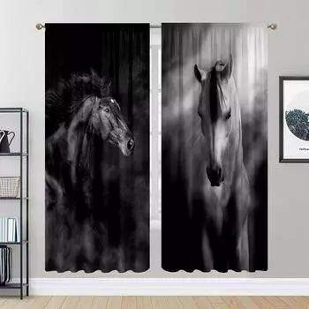 2pcs Black and White Stallion, Study Room Kitchen Living Room Dorm Room Rod Pocket Top Window Drapes, Bedroom W30H65inchW75H166cm