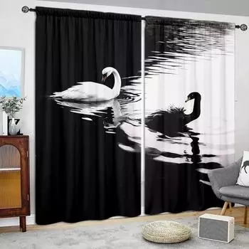 2pcs Black and White Swan Printed Curtain for Home Decor - Rod Pocket Window Treatment for Bedroom, Office, Kitchen, Living Room 52.5cmX116cmX2pcs