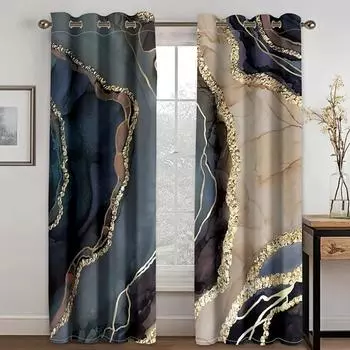 2pcs Black Golden Marble Print Polyester Curtain Window Treatment For Bedroom Office Kitchen Living Room Study Home Decor 2x50W100H(CM)&Grommet Top