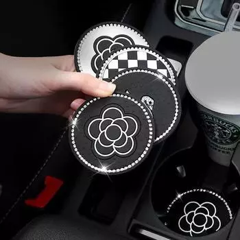 2Pcs Bling Crystal Drink Car Cup Mat camellia Auto Cup Holder Coasters Silicone Anti-Slip Universal Car Interior Water Cup Mat