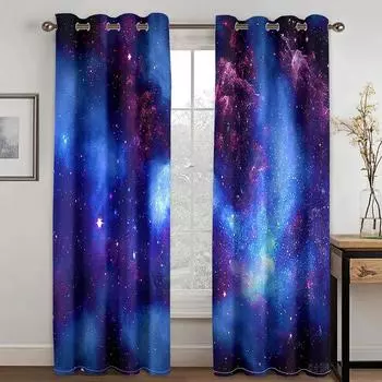 2pcs Blue Purple Cosmic Galaxy Printing Stars Curtains for Living Room, Bedroom,Study Decor, Modern Kitchen, Window Drapes Decor W60H60(CM)x2pcs&HOOK