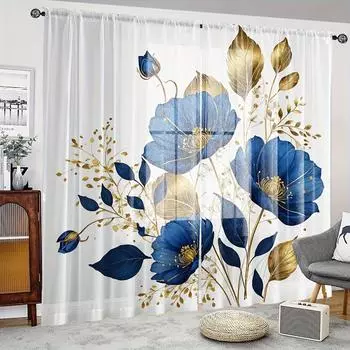 2pcs Blue Rose Printed Semi-sheer Curtains Rod Pocket Decorative Window Drapes Window Treatments For Bedroom Living Room Windows (W50cmxH130cm)x2&Rod Pocket