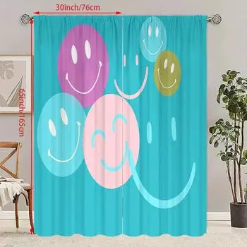 2PCS- Blue smiley printed curtain - Polyester material - suitable for bedroom, living room, study, private space 23Wx59L(60x150cm)