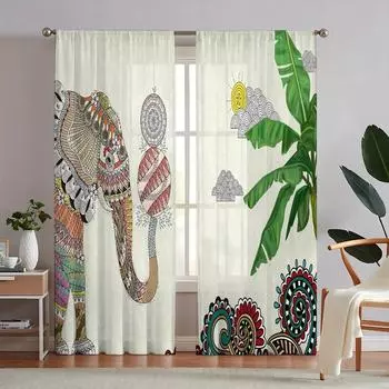 2pcs Bohemian Curtains Window Drapes With Mandala Flower Elephant Tropical Plant Print Pattern Grommet Top Curtain For BedRoom 100W130H(CM)40x51in&rod pocket