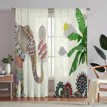 2pcs Bohemian Curtains Window Drapes With Mandala Flower Elephant Tropical Plant Print Pattern Grommet Top Curtain For BedRoom 100W130H(CM)40x51in&rod pocket