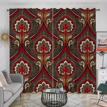 2pcs Bohemian Style Paisley Patterned Ethnic Printed Curtains Rod Pocket Curtain For Restaurants Living Room Bedroom Offices (50Wx50H)x2(CM)&Rod Pocket