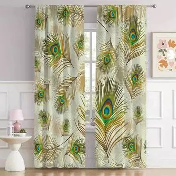 2pcs Boho Chic Peacock Feather Print Curtains Durable Polyester For Living Room Bedroom Decor Window Blinds cortinas Free Shipp (W50cmxH130cm)x2&Rod Pocket