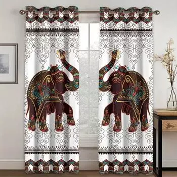 2pcs Boho Curtains, Bohemian Hippie Art Theme Window Drapes With Mandala Animal Elephant Printed Pattern Curtain Room Decor 50W160H(CM)x2Panel&Hook