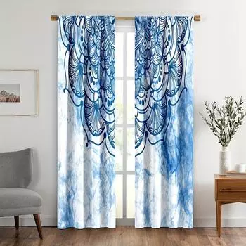 2pcs Boho Mandala Floral Curtains Blue Flower Indian Window Drapes for Women Room Bedroom Living Room Rod Pocket Window Decor 210x230cm