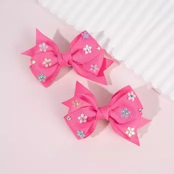 2Pcs Bow Hair Clip Rhinestone Flower Ribbon Solid Color Simple Barrette Baby Girl Kid School Play Party Accessories Hairpin Gift