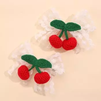 2Pcs Cherry Bow Hair Clips Lace Flower Bownot Hairpins Woolen Handmade Knitted Barrette For Girls Children Headdress Accessories