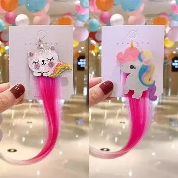 2PCS Children HairClips Barrettes Cartoon Animal Unicorn Colorful Wig Hair Accessories Girls Hairclip Fake Twist Braid Headdress