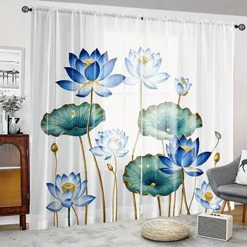 2pcs Chinese Bird Flower Pattern Semi-sheer Curtains Decorative Drapes Window Treatments For Bedroom Living Room Floor Window 0.8*1.4&Grommet Top