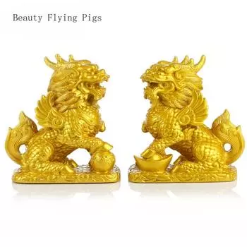 2pcs Chinese resin Kirin ornaments, home living room, bedroom, shop desktop crafts feng shui Animal metal figurine