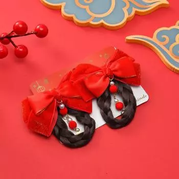 2pcs Chinese Style Wig Braid Hairpin Tassel Children Hair Clip Cute Red Bow Hairpin 4