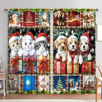 2pcs Christmas Atmosphere Diagram Splicing Printed Curtain for Home Decor - Rod Pocket Window Treatment for Bedroom, Office 52.5cmX116cm X 2pcs
