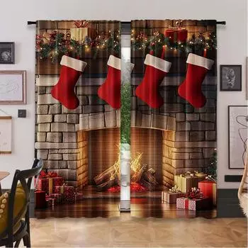 2Pcs Christmas Curtain Red Christmas Curtains For Home Winter Holiday Christmas Decor Xmas Tree Fireplace For Living Room 29x65in(75x166cm)