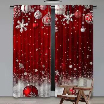 2Pcs Christmas Curtain Traditional Celebration Theme Pendant Baubles Ornate Snowflakes For Living Room Dining Room Bedroom 29x65in(75x166cm)