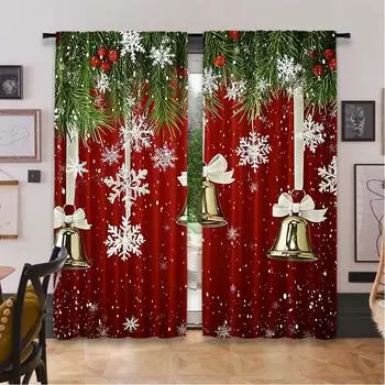 2Pcs Christmas Curtains Classical Pine Tree Snowflakes Red Green Xmas Curtains For Living Room Bedroom Kitchen Bathroom 29x65in(75x166cm)